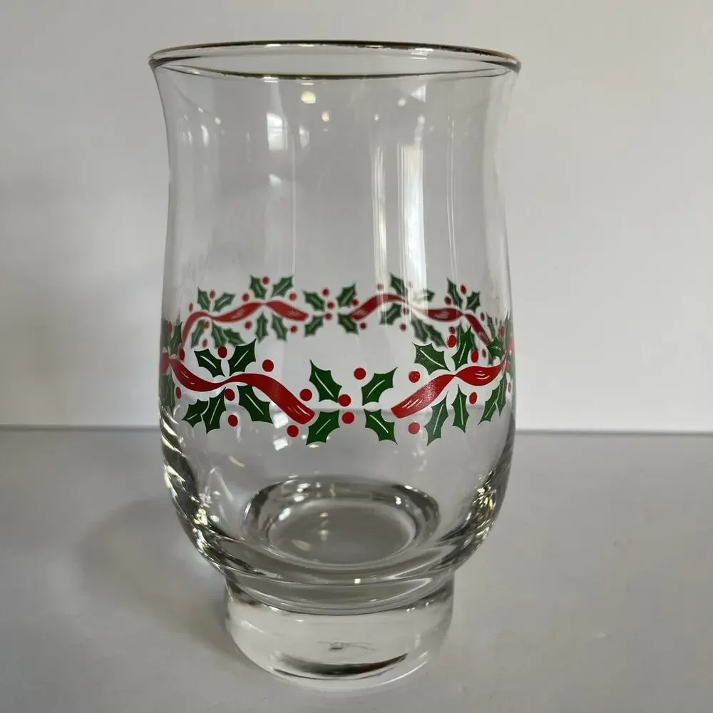 Vintage Libby Christmas Holly & Ribbon Glass With Decorative Gold Rim
